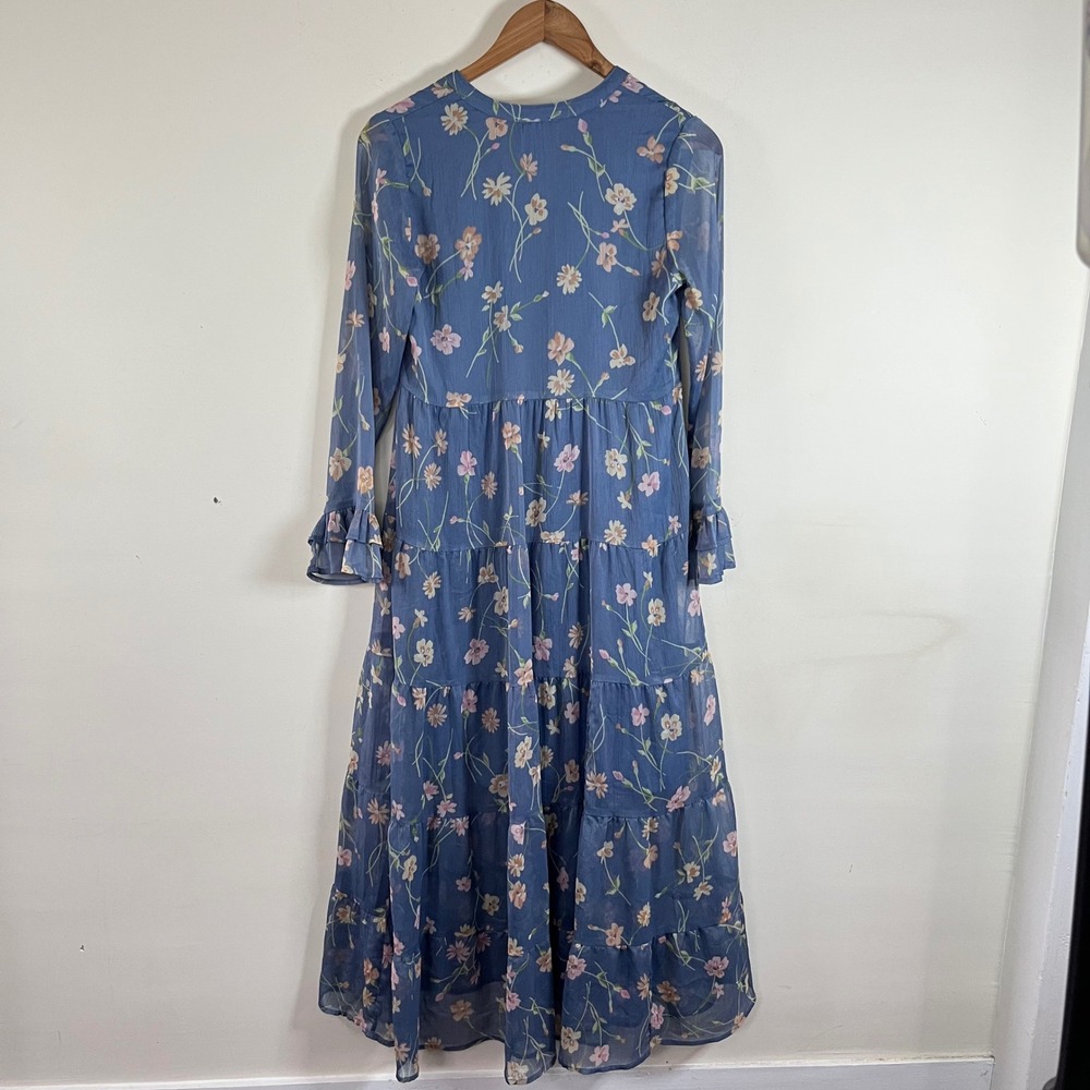 Patrons Of Peace Floral Tiered Maxi Dress Long Sleeve Blue Lined Womens XS Boho - Picture 5 of 6